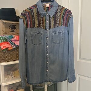 Denim Shirt with Colorful Patterned Yoke